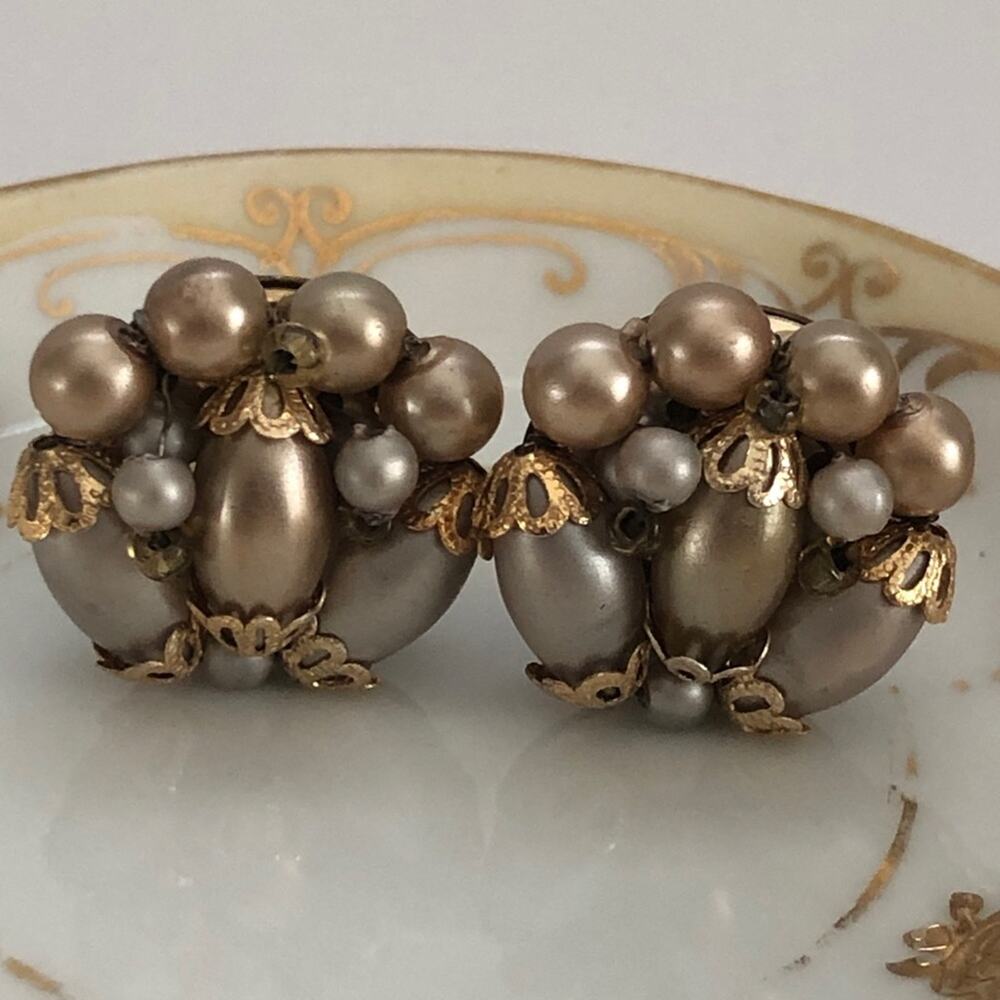 Vintage Faux Pearl Cluster Clip Earrings Hong Kong 1950's